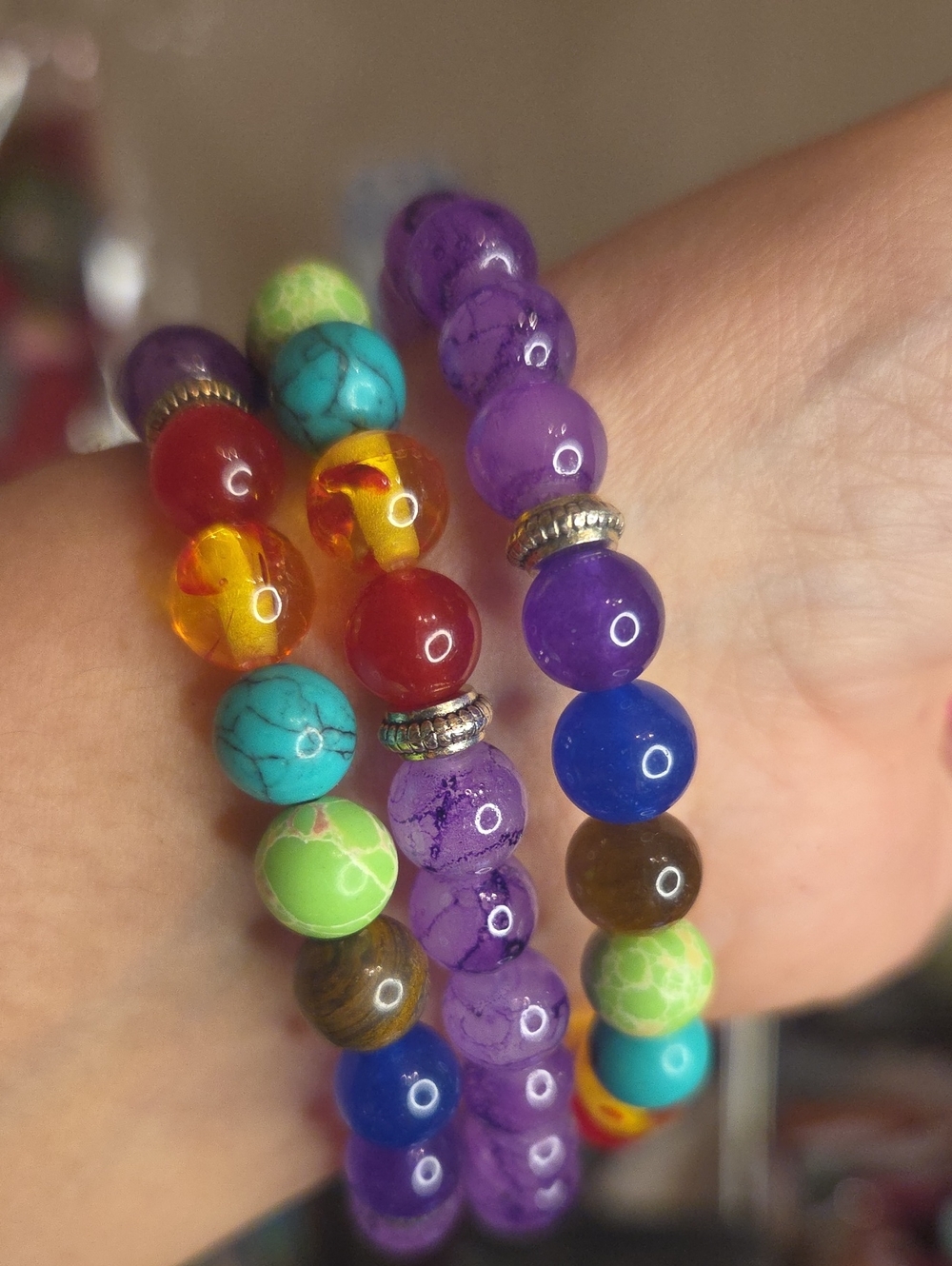 3 Multicolor Gemstone Beaded Stretch Bracelet Set - Purple, Turquoise, Green